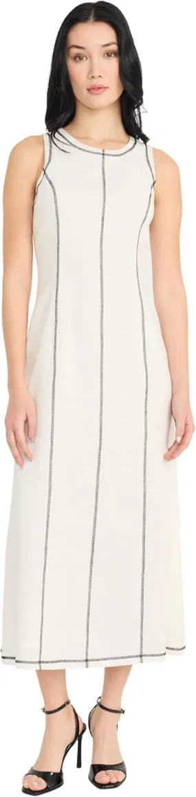 Donna Morgan Women's Linen Rayon Sleeveless Midi Length Formal Contrast Stitching-Elegant Wedding Guest Dress