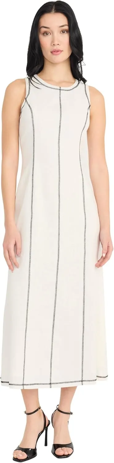Donna Morgan Women's Linen Rayon Sleeveless Midi Length Formal Contrast Stitching-Elegant Wedding Guest Dress