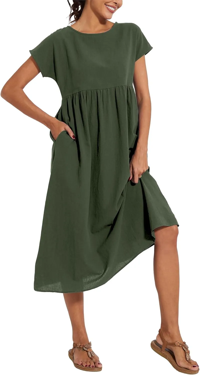 Dresses for Women 2024 Casual Summer Cotton Dress with Pockets Short Sleeve Shirt Midi Long Dress