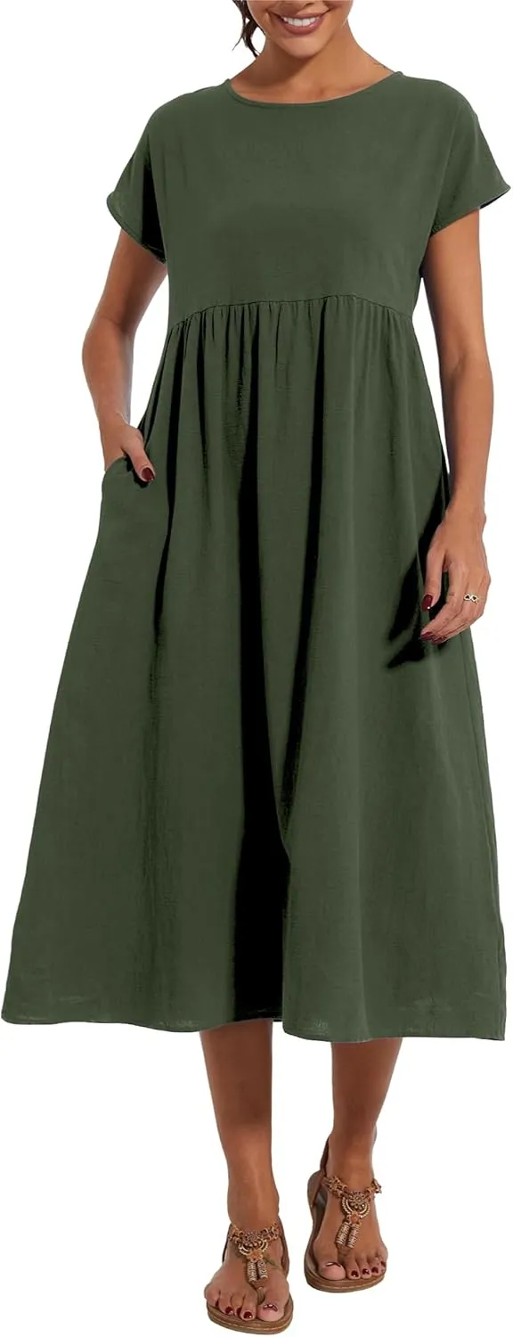 Dresses for Women 2024 Casual Summer Cotton Dress with Pockets Short Sleeve Shirt Midi Long Dress