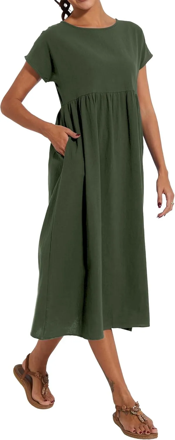 Dresses for Women 2024 Casual Summer Cotton Dress with Pockets Short Sleeve Shirt Midi Long Dress