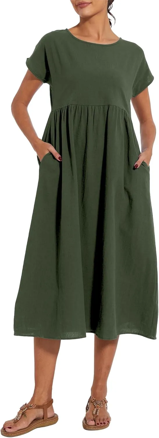Dresses for Women 2024 Casual Summer Cotton Dress with Pockets Short Sleeve Shirt Midi Long Dress