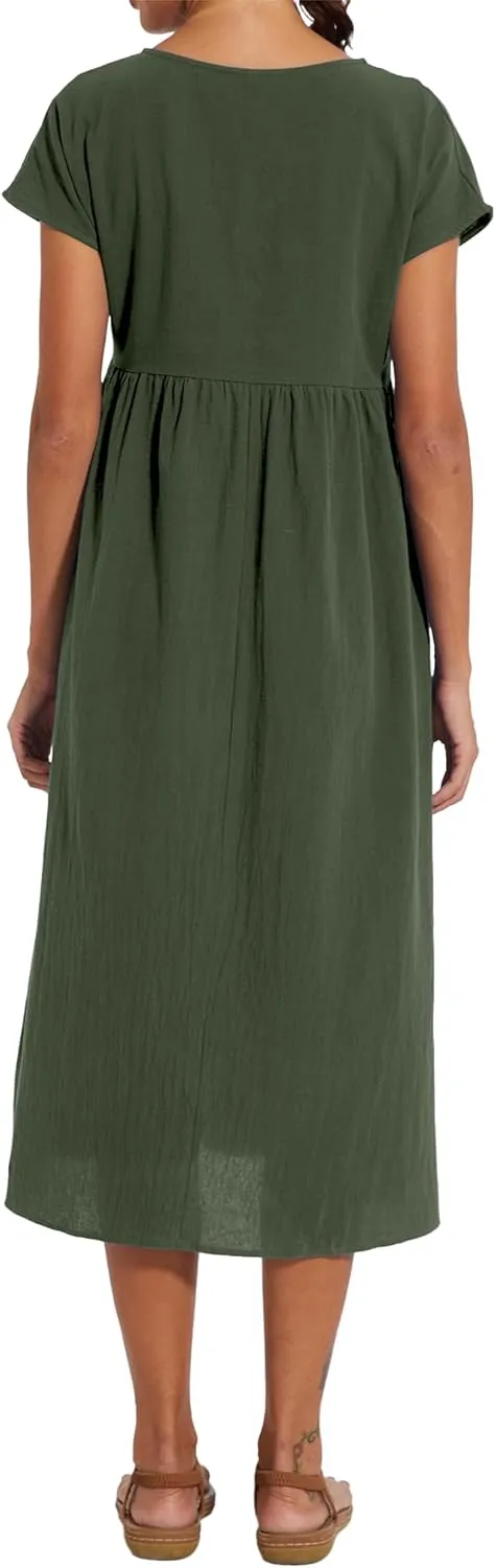 Dresses for Women 2024 Casual Summer Cotton Dress with Pockets Short Sleeve Shirt Midi Long Dress
