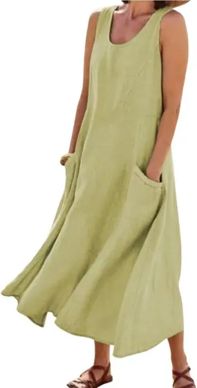 ebossy Women's Summer Casual Loose Linen Sleeveless Scoop Neck Tank Top Maxi Dress with Pockets