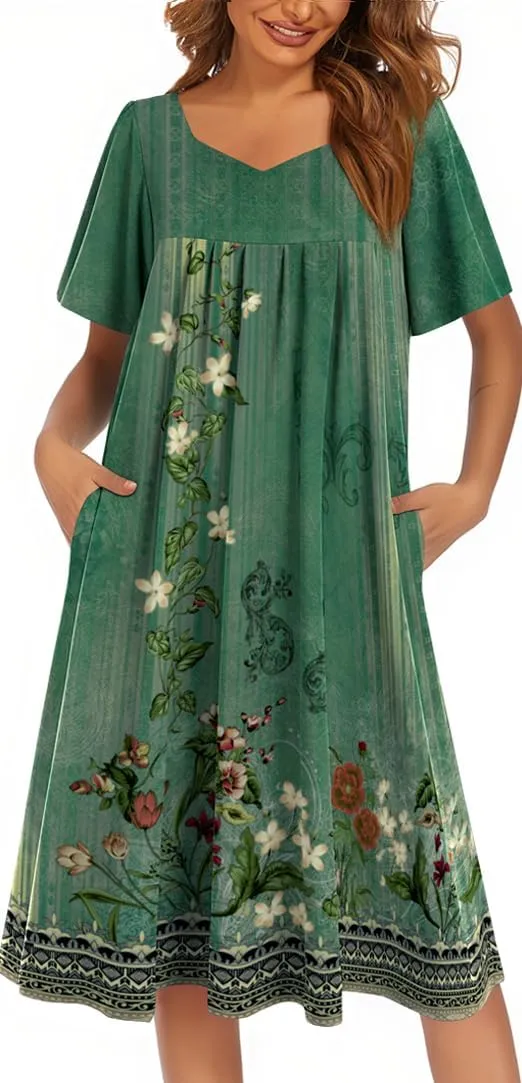 Ekouaer Women's House Dress - Pleated Nightgown with Short Sleeves & Pockets