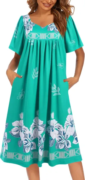 Ekouaer Women's House Dress - Pleated Nightgown with Short Sleeves & Pockets
