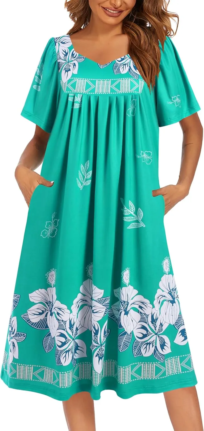 Ekouaer Women's House Dress - Pleated Nightgown with Short Sleeves & Pockets