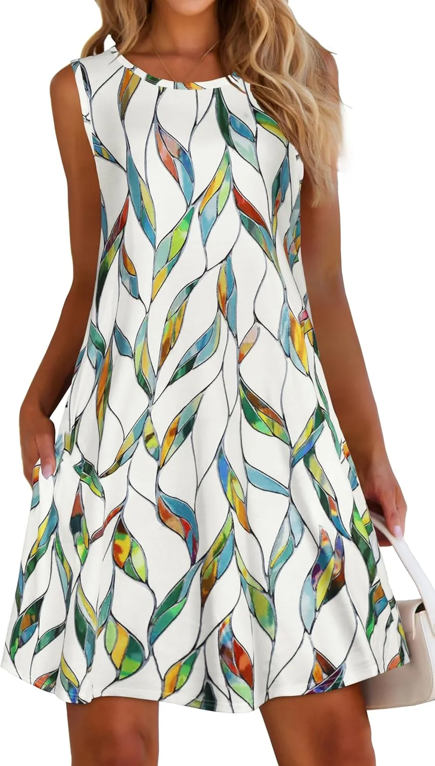 elescat Women's Summer Dresses 2025 Beach Casual Sleeveless Floral Print Tank Loose Sundress with Pocket