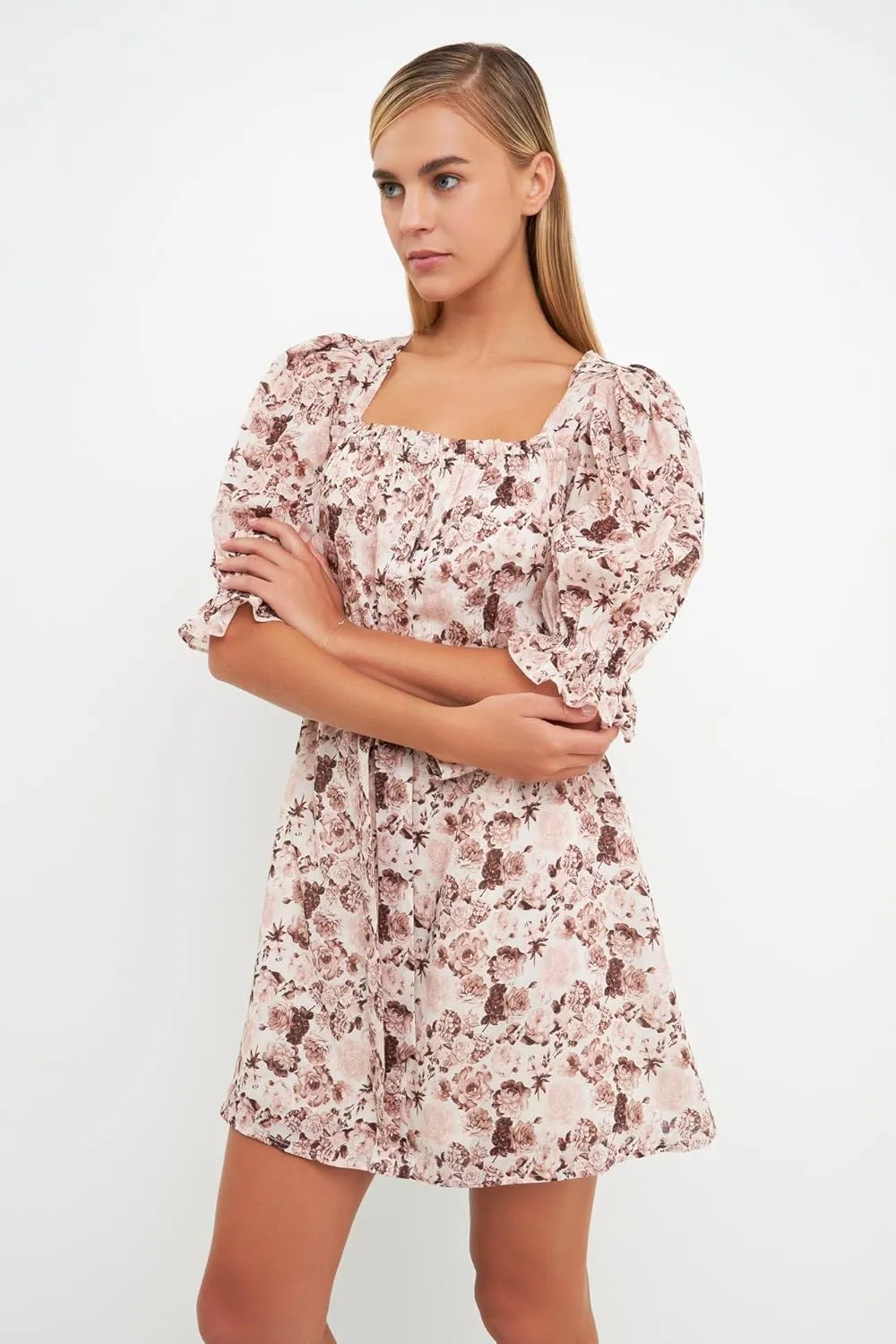 English Factory Women's Floral Linen Mini Dress with Tie