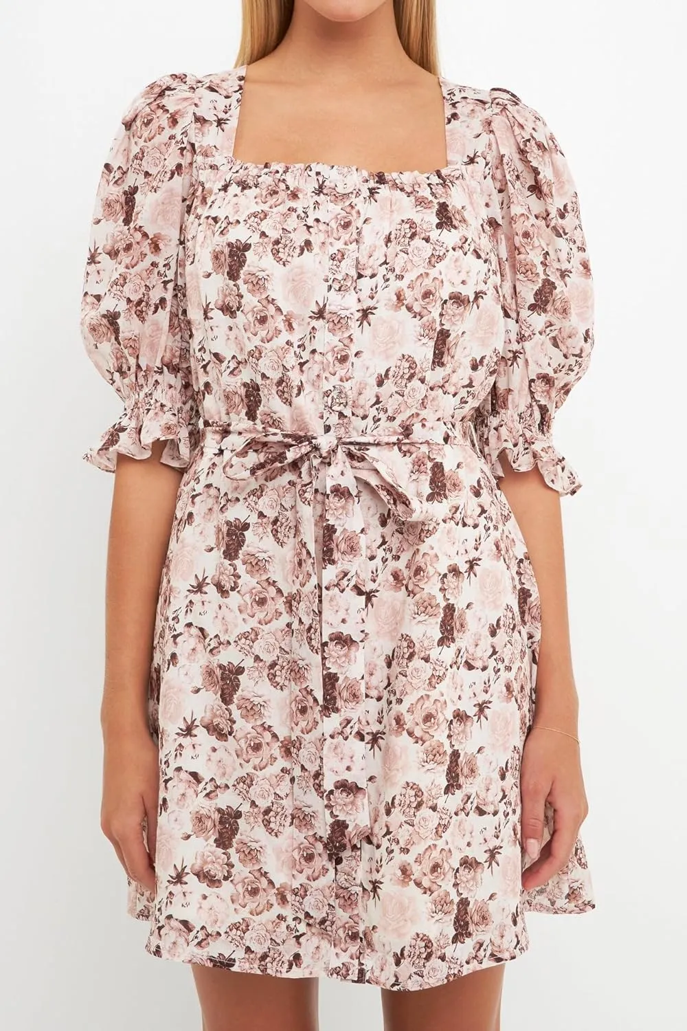 English Factory Women's Floral Linen Mini Dress with Tie