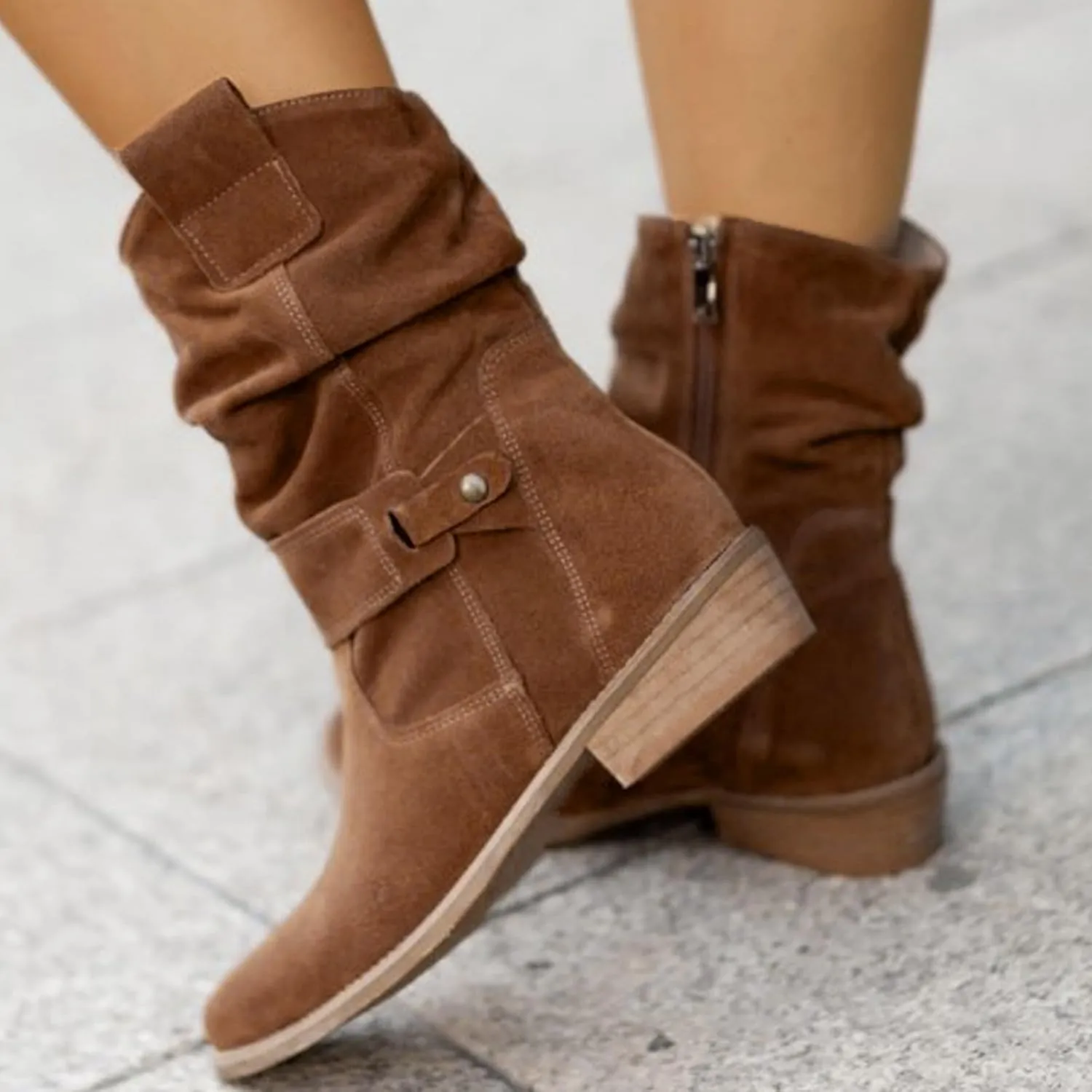 Fall Boots Womens Vintage Mid Calf Slouchy Pleated Boots Suede Riding Boots Womens Side Zipper Wide Calf Boot