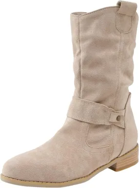 Fall Boots Womens Vintage Mid Calf Slouchy Pleated Boots Suede Riding Boots Womens Side Zipper Wide Calf Boot