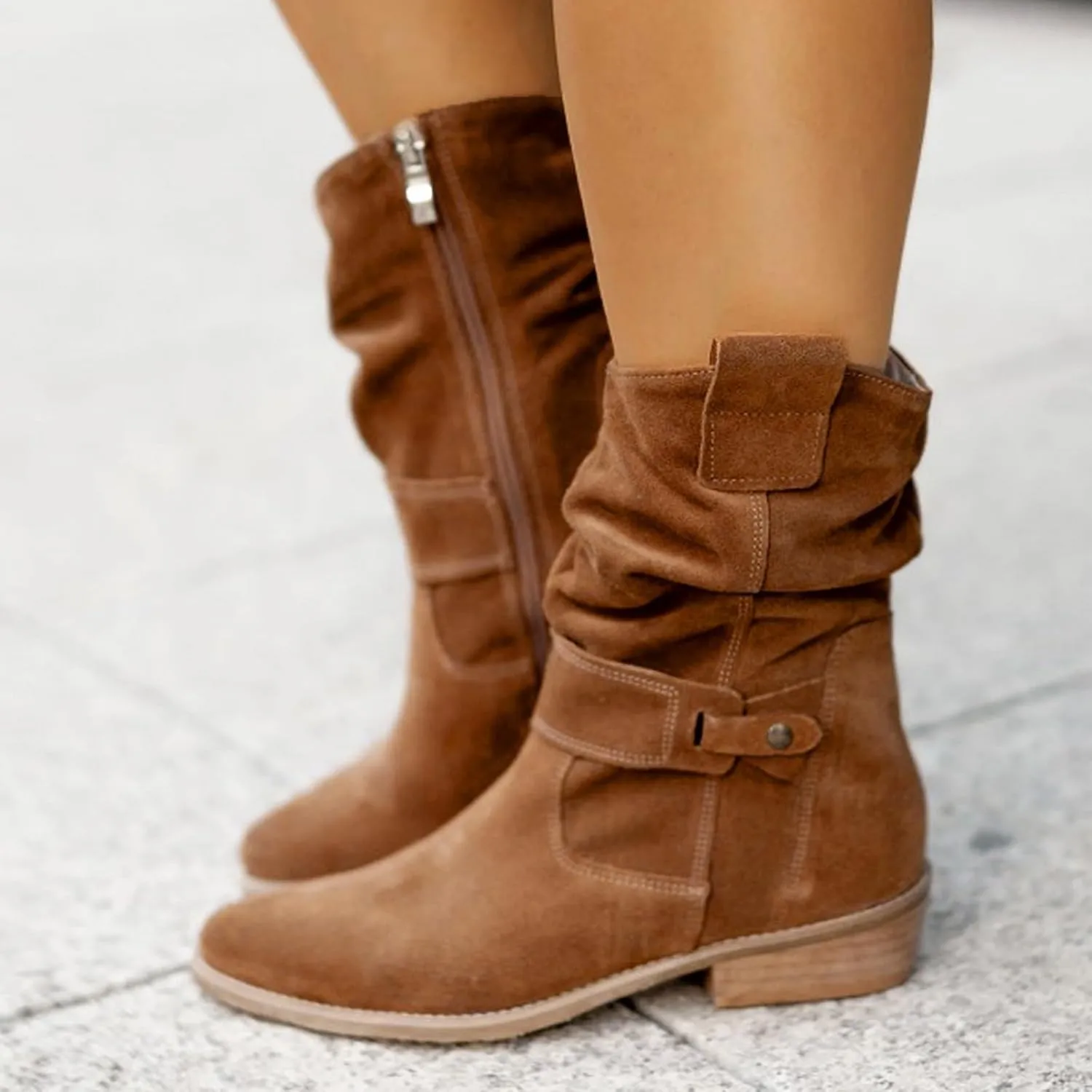 Fall Boots Womens Vintage Mid Calf Slouchy Pleated Boots Suede Riding Boots Womens Side Zipper Wide Calf Boot