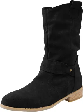 Fall Boots Womens Vintage Mid Calf Slouchy Pleated Boots Suede Riding Boots Womens Side Zipper Wide Calf Boot