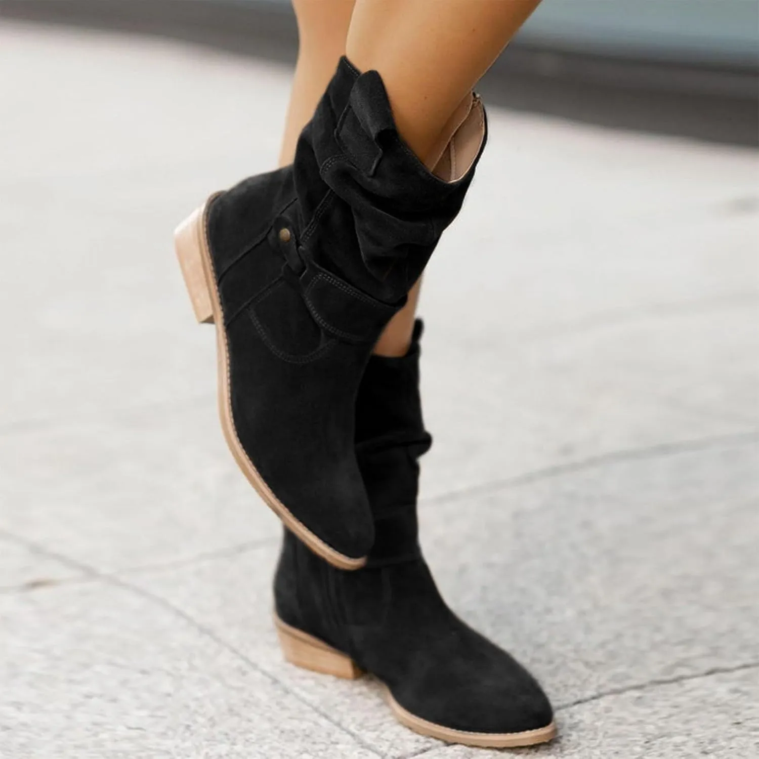Fall Boots Womens Vintage Mid Calf Slouchy Pleated Boots Suede Riding Boots Womens Side Zipper Wide Calf Boot