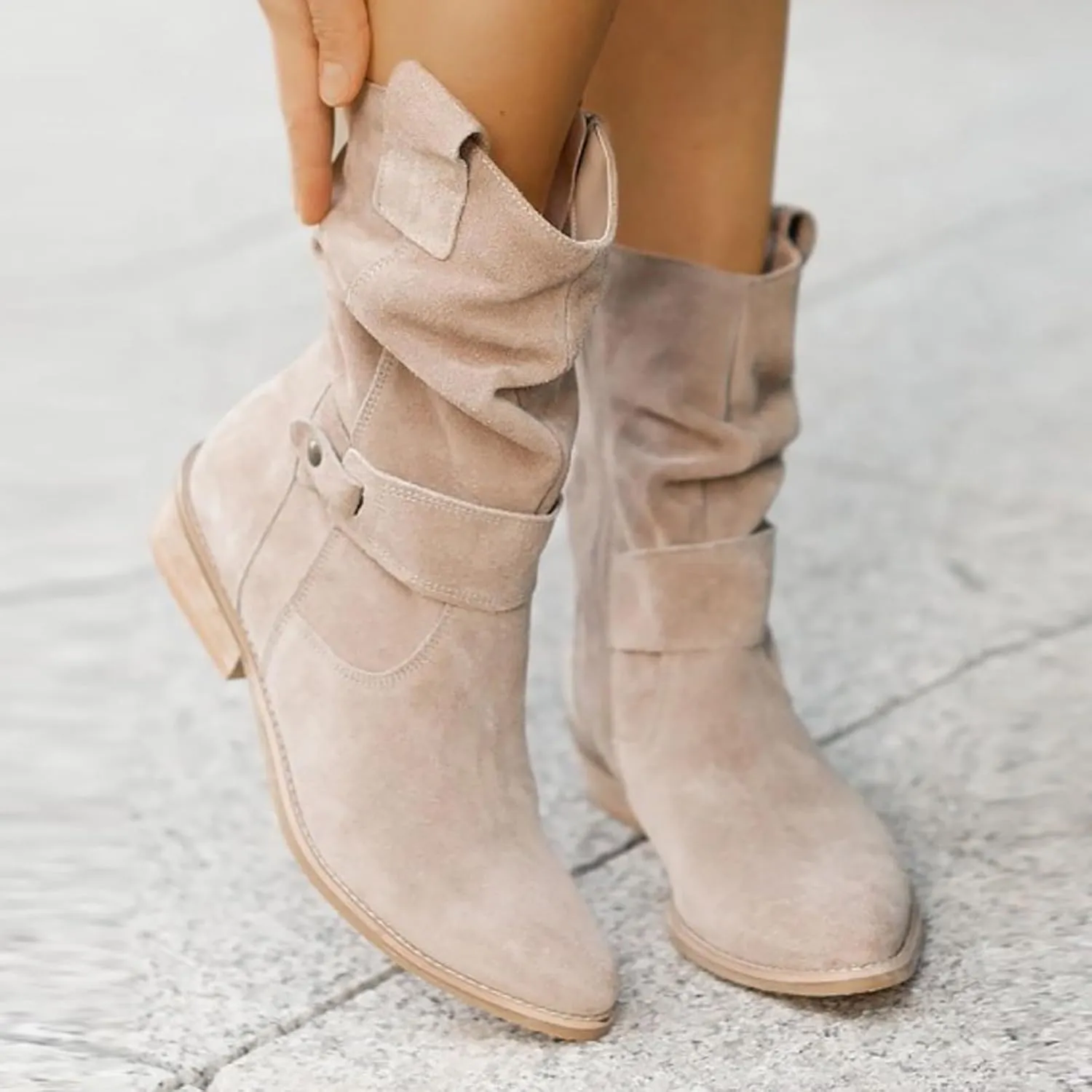 Fall Boots Womens Vintage Mid Calf Slouchy Pleated Boots Suede Riding Boots Womens Side Zipper Wide Calf Boot