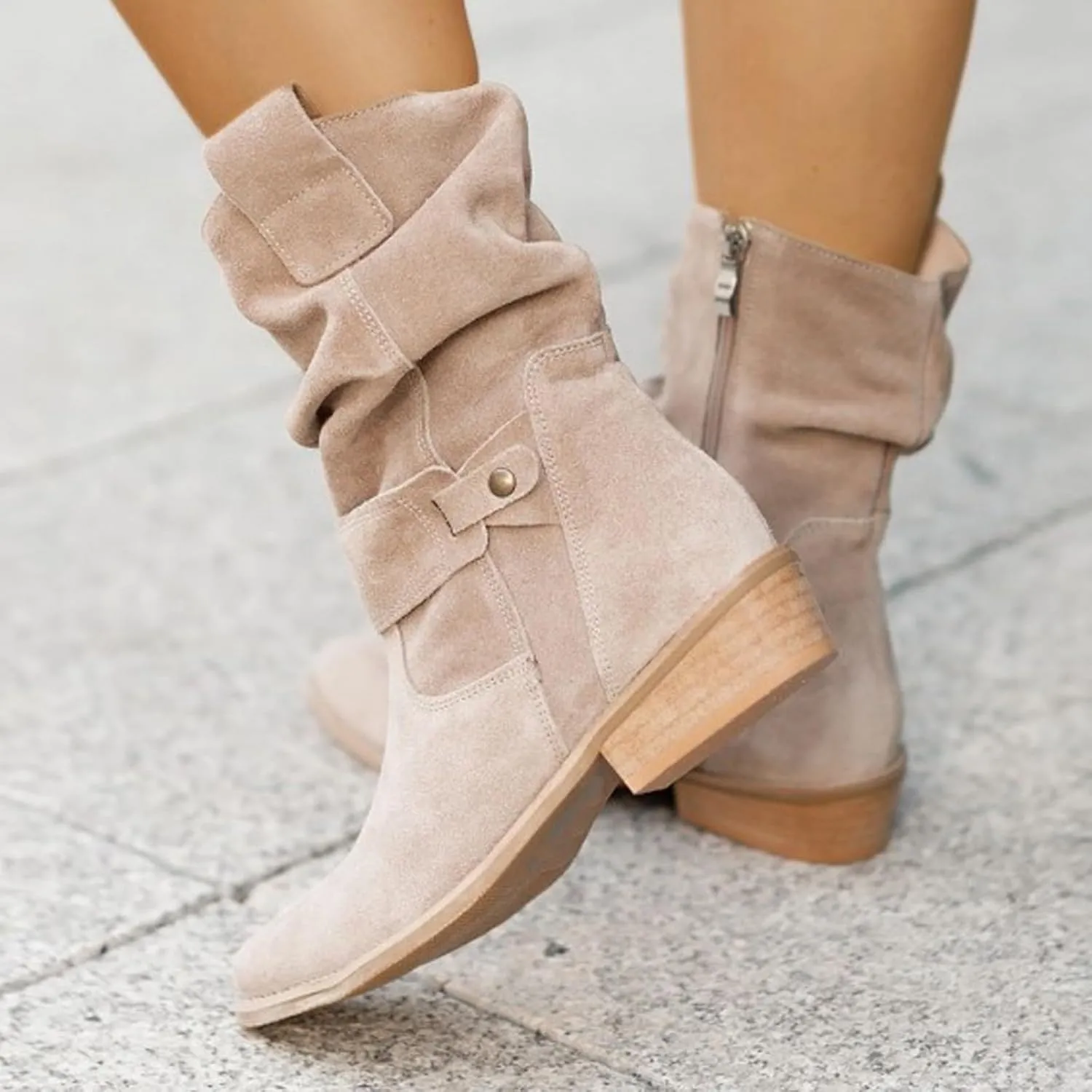 Fall Boots Womens Vintage Mid Calf Slouchy Pleated Boots Suede Riding Boots Womens Side Zipper Wide Calf Boot