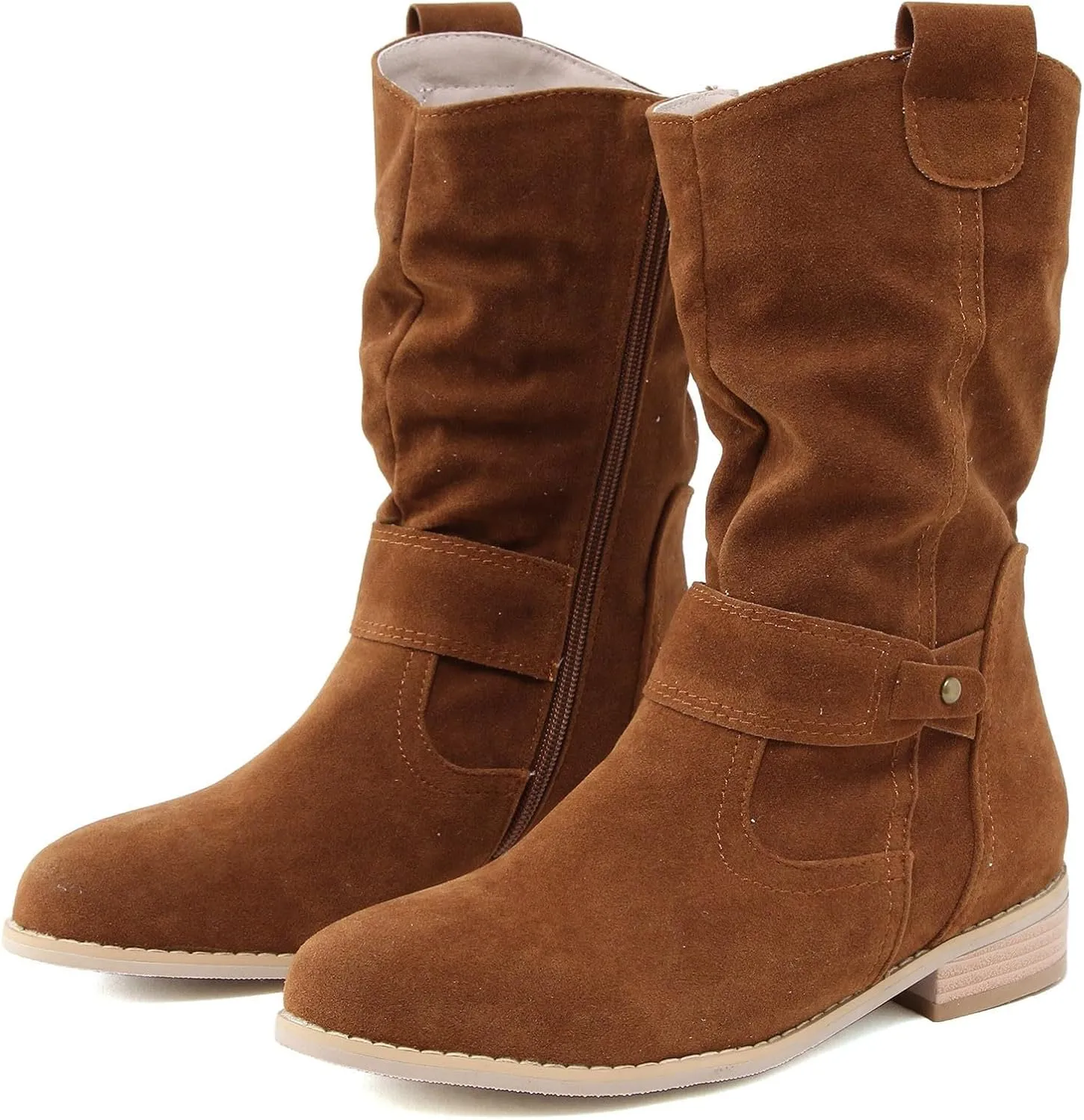 Fall Boots Womens Vintage Mid Calf Slouchy Pleated Boots Suede Riding Boots Womens Side Zipper Wide Calf Boot