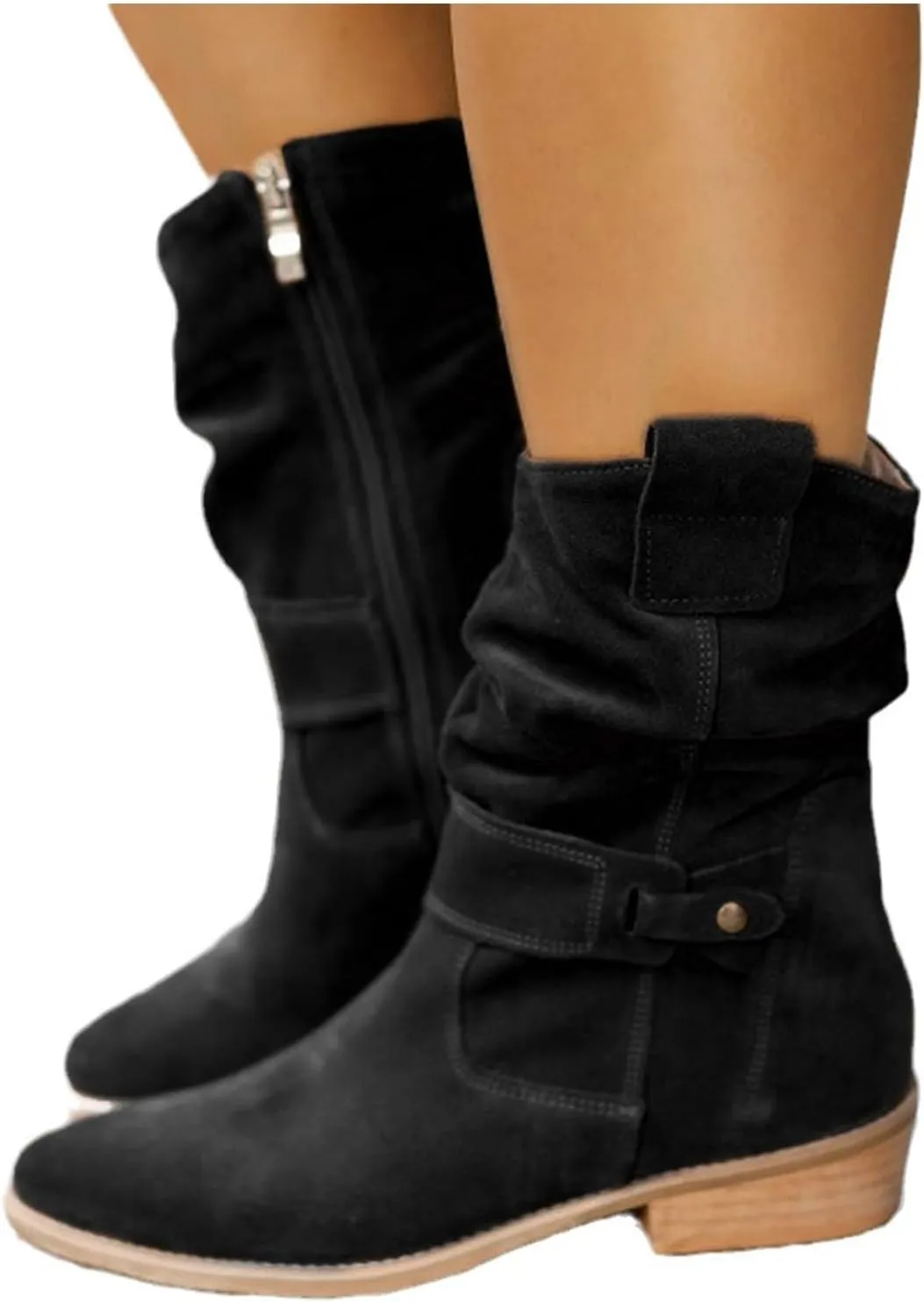Fall Boots Womens Vintage Mid Calf Slouchy Pleated Boots Suede Riding Boots Womens Side Zipper Wide Calf Boot