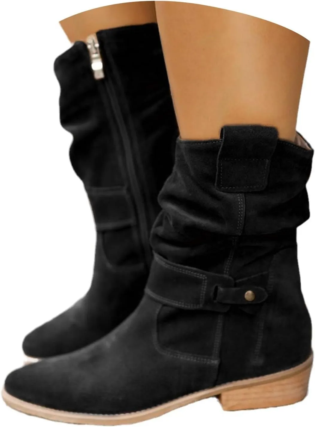 Fall Boots Womens Vintage Mid Calf Slouchy Pleated Boots Suede Riding Boots Womens Side Zipper Wide Calf Boot