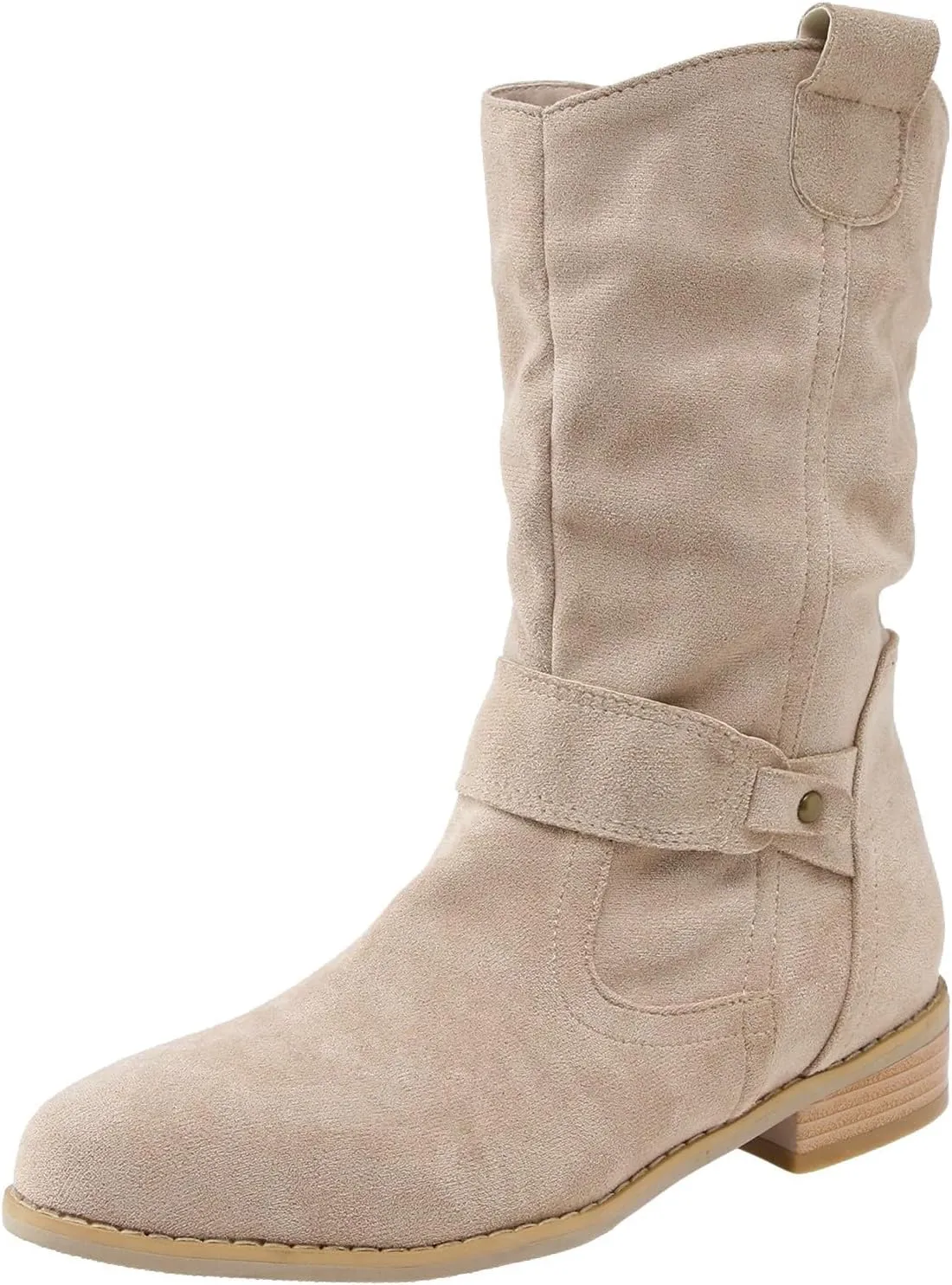 Fall Boots Womens Vintage Mid Calf Slouchy Pleated Boots Suede Riding Boots Womens Side Zipper Wide Calf Boot