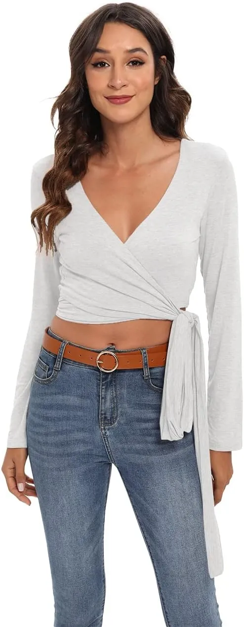 Famulily Women's Sexy Deep V Neck Bandage Surplice Wrap Crop Top