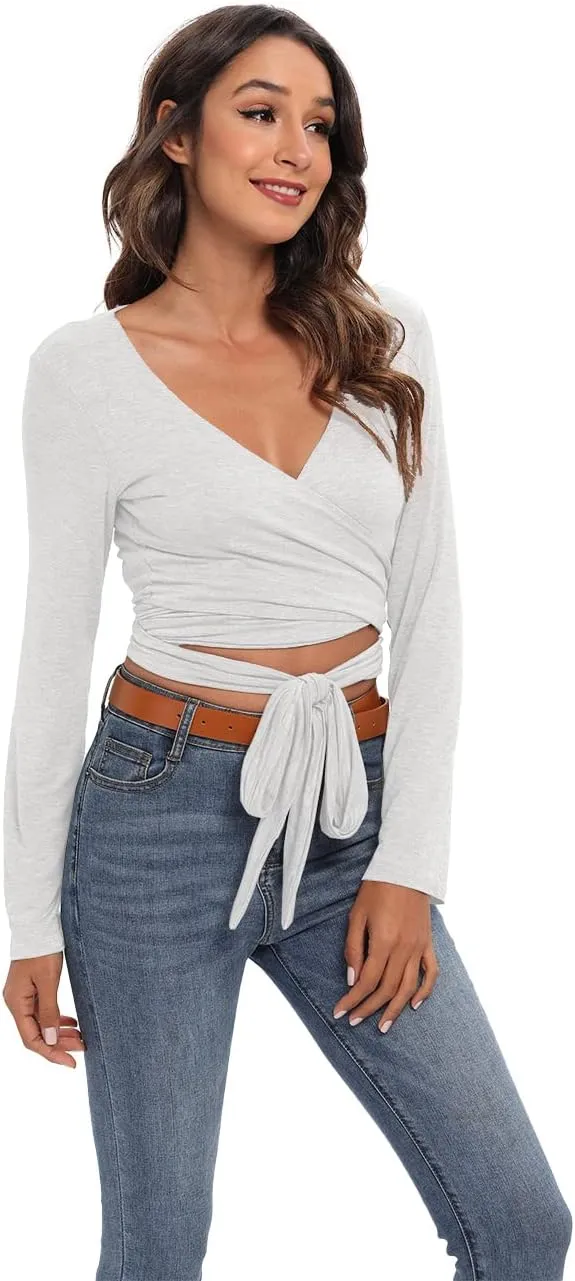 Famulily Women's Sexy Deep V Neck Bandage Surplice Wrap Crop Top