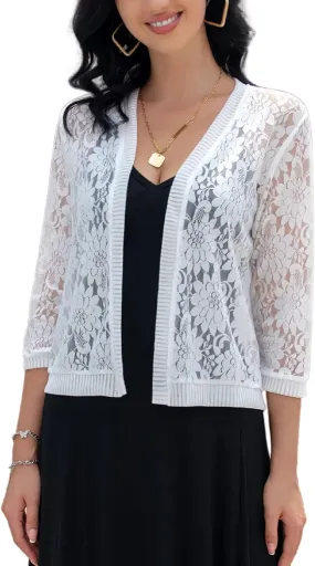 FindThy Women's Floral Lace Shrug Cardigan 3/4 Sleeve Crochet Bolero Jacket