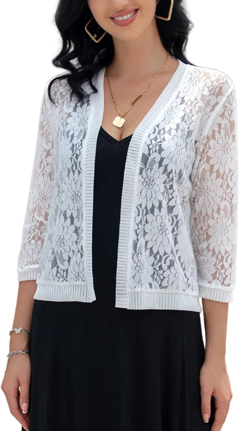 FindThy Women's Floral Lace Shrug Cardigan 3/4 Sleeve Crochet Bolero Jacket