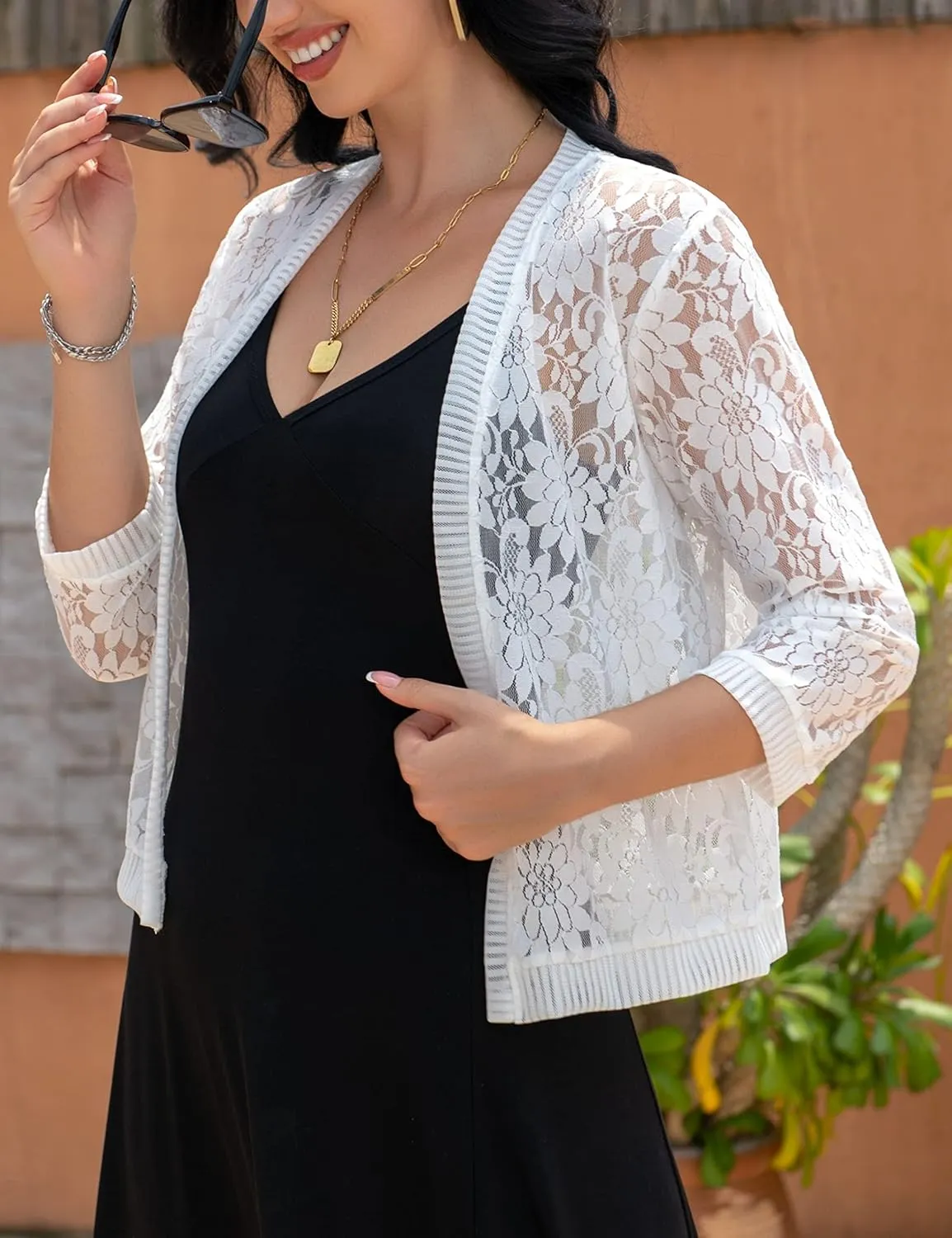 FindThy Women's Floral Lace Shrug Cardigan 3/4 Sleeve Crochet Bolero Jacket