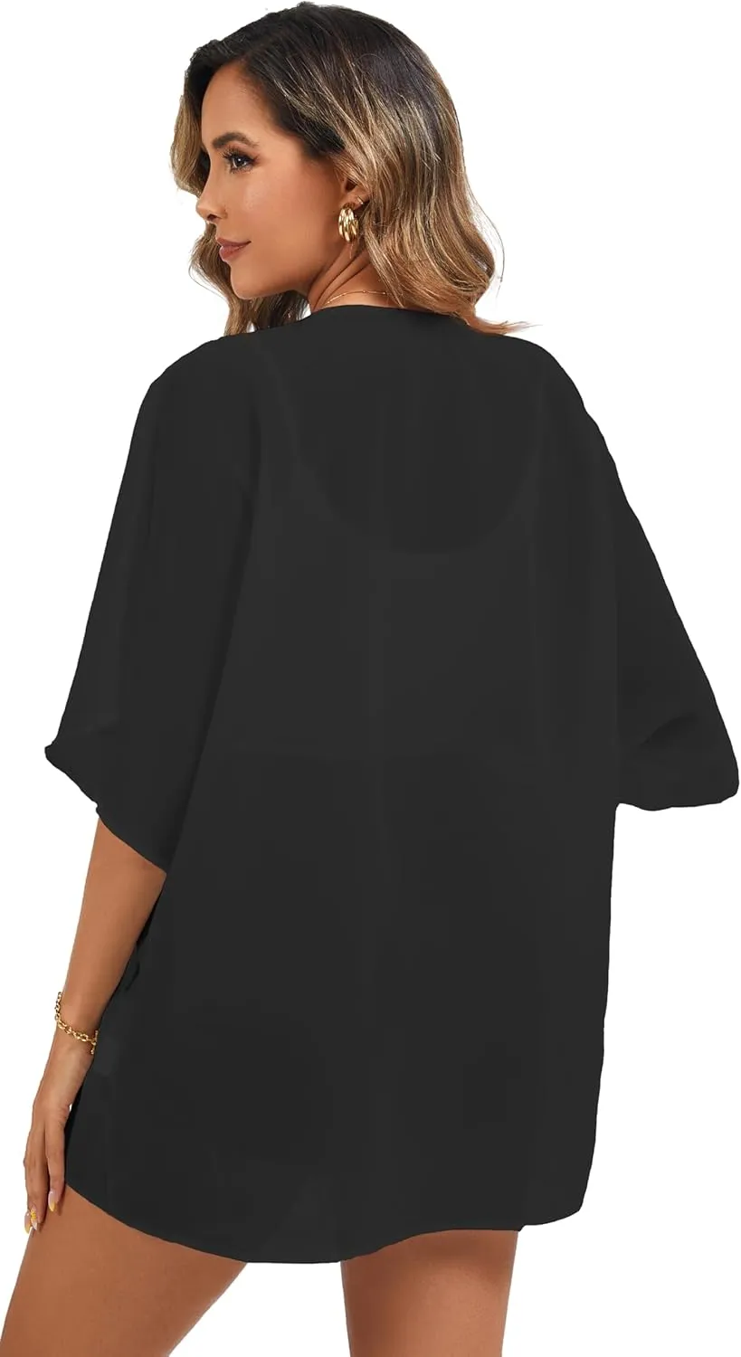 FINOCEANS Womens Floral Chiffon Kimono Cardigans Loose Beach Cover Up Half Sleeve Tops