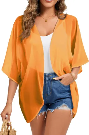 FINOCEANS Womens Floral Chiffon Kimono Cardigans Loose Beach Cover Up Half Sleeve Tops