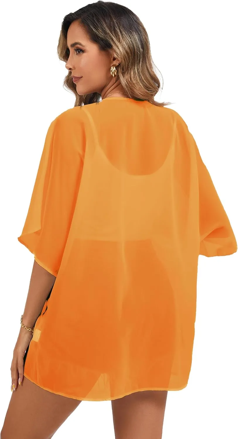 FINOCEANS Womens Floral Chiffon Kimono Cardigans Loose Beach Cover Up Half Sleeve Tops