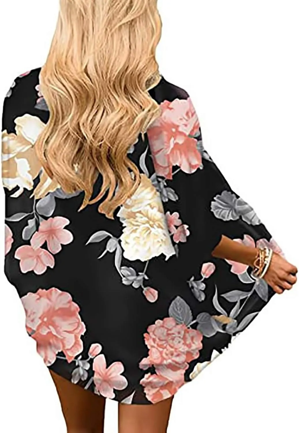 FINOCEANS Womens Floral Chiffon Kimono Cardigans Loose Beach Cover Up Half Sleeve Tops