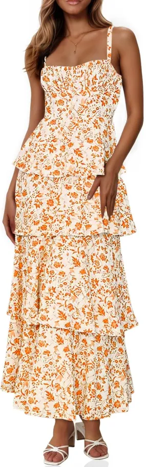 Fisoew Womens Floral Maxi Dresses Spaghetti Strap Casual Sleeveless Ruffle Flowy Tiered Dress