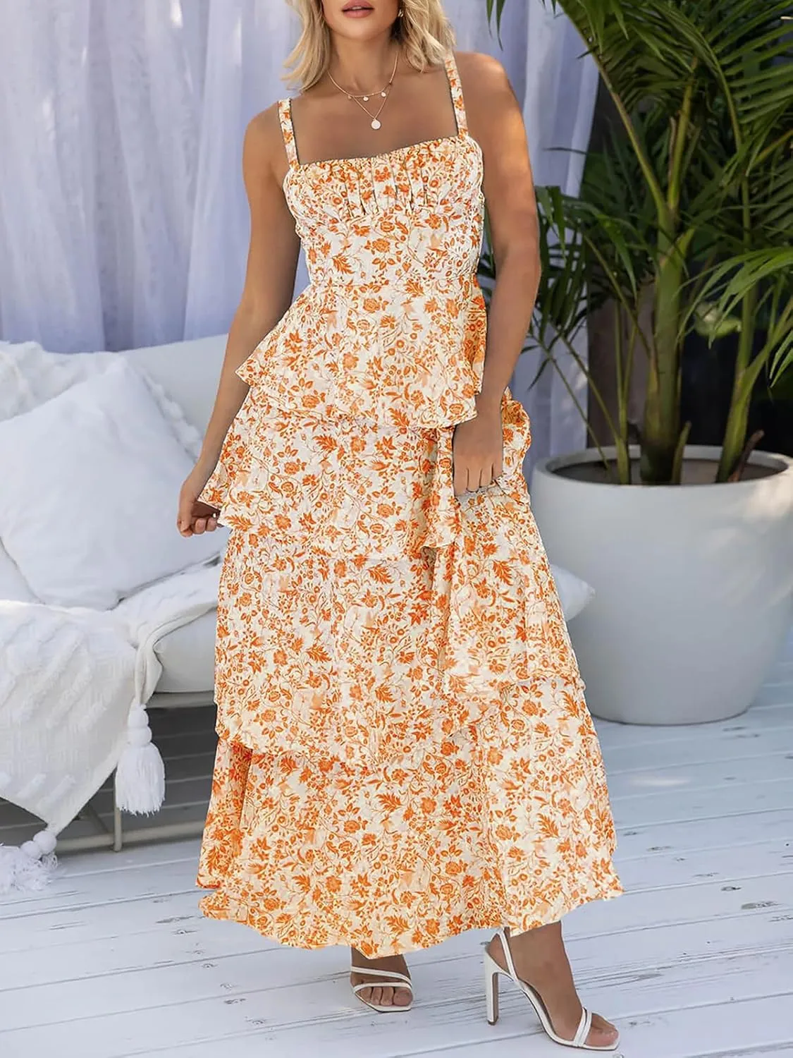 Fisoew Womens Floral Maxi Dresses Spaghetti Strap Casual Sleeveless Ruffle Flowy Tiered Dress