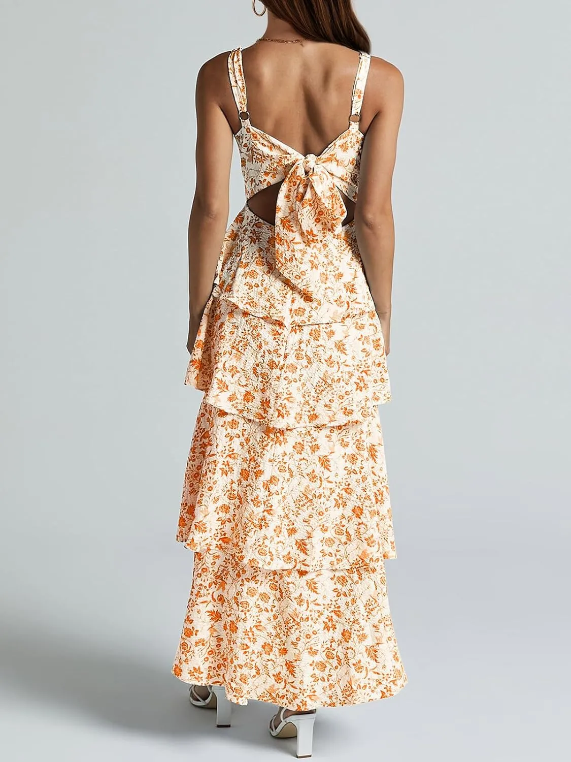 Fisoew Womens Floral Maxi Dresses Spaghetti Strap Casual Sleeveless Ruffle Flowy Tiered Dress