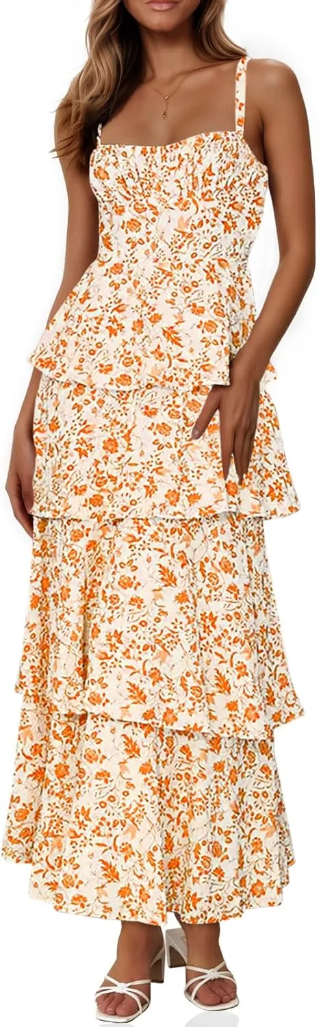 Fisoew Womens Floral Maxi Dresses Spaghetti Strap Casual Sleeveless Ruffle Flowy Tiered Dress