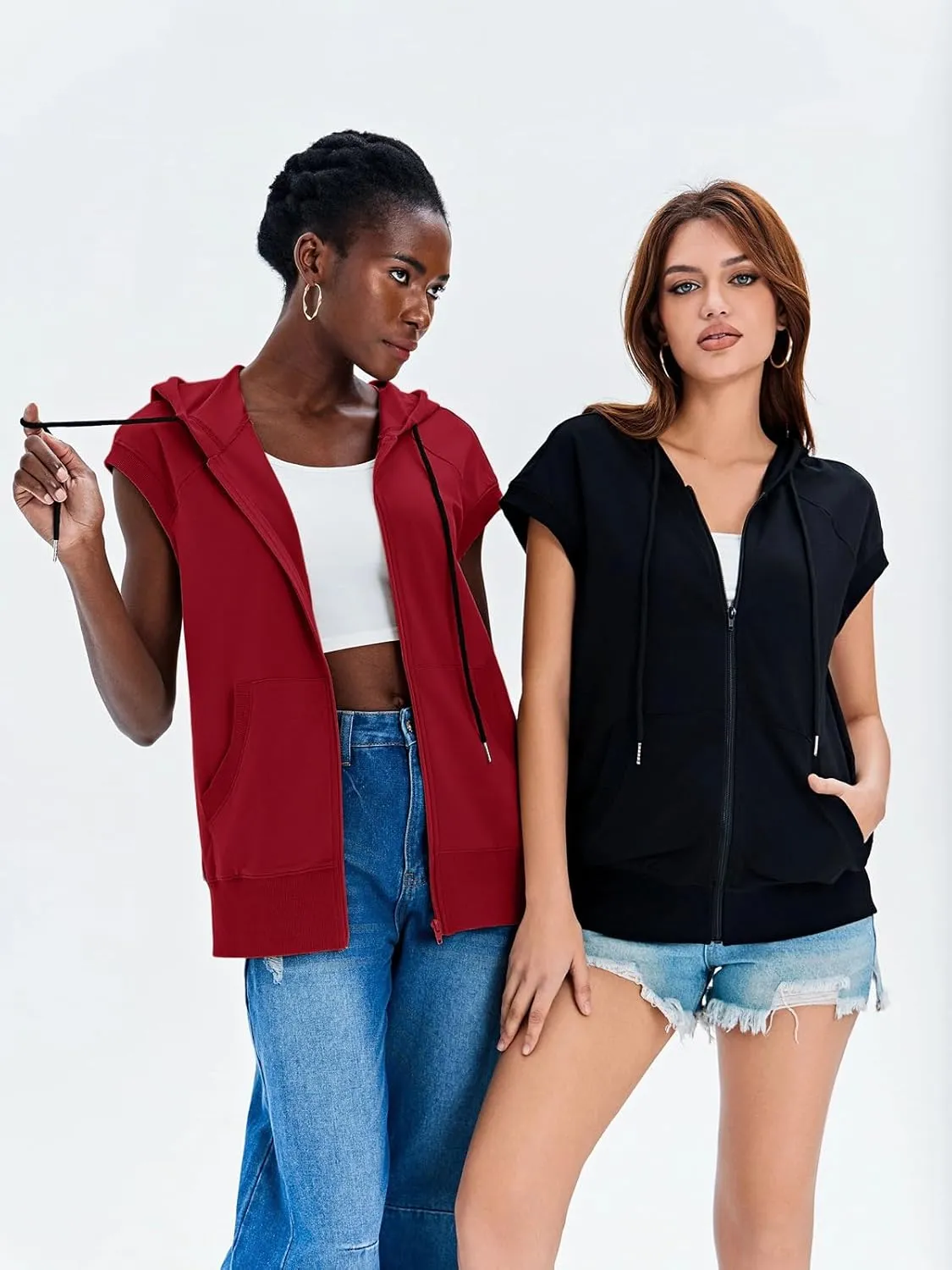 Fisoew Women's Sleeveless Zip Up Hoodies Casual Loose Fit Drawstring Sweatshirts Lightweight Jackets Vest with Pockets