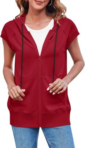 Fisoew Women's Sleeveless Zip Up Hoodies Casual Loose Fit Drawstring Sweatshirts Lightweight Jackets Vest with Pockets