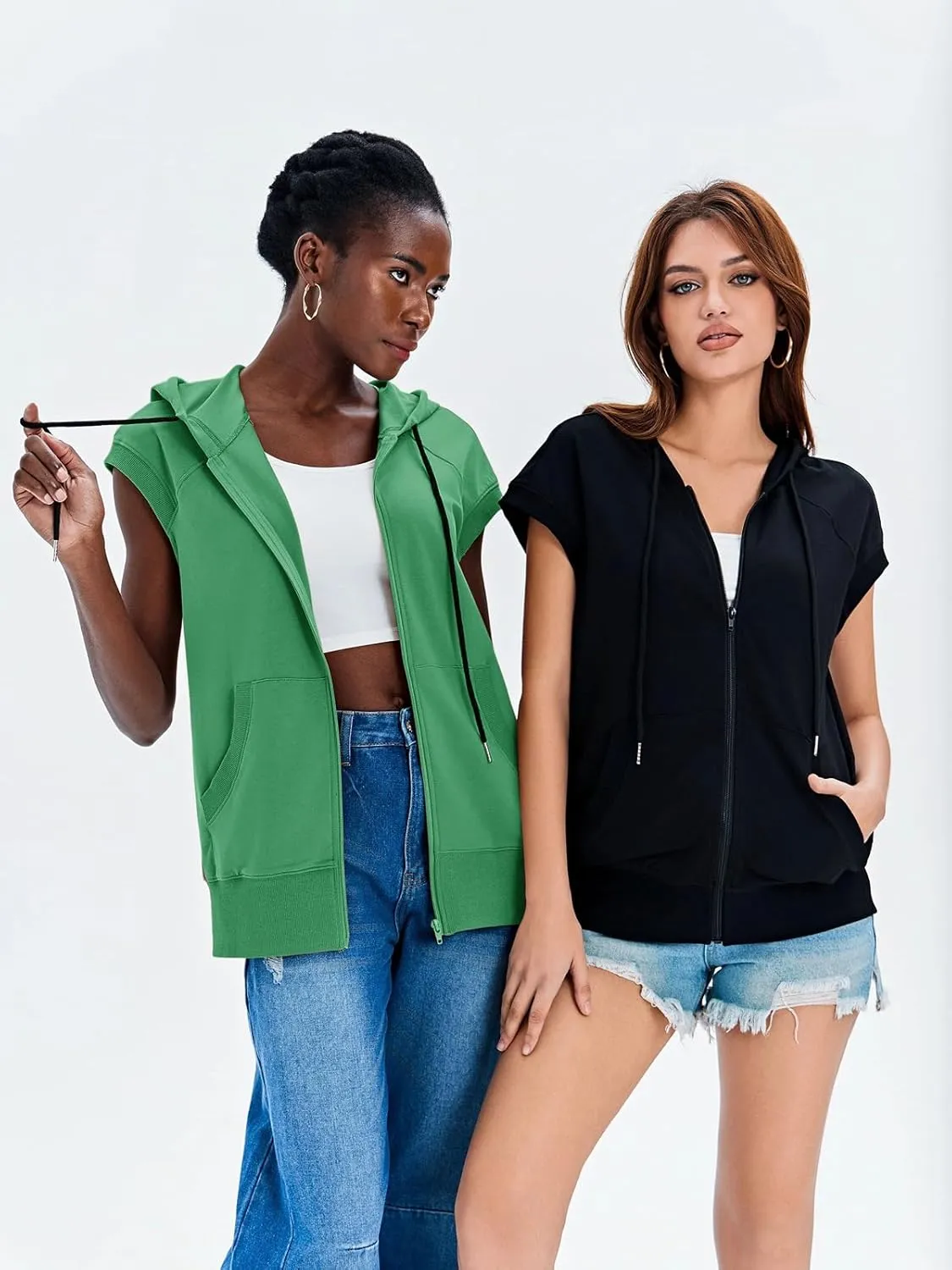 Fisoew Women's Sleeveless Zip Up Hoodies Casual Loose Fit Drawstring Sweatshirts Lightweight Jackets Vest with Pockets