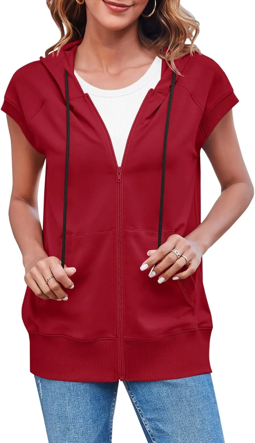 Fisoew Women's Sleeveless Zip Up Hoodies Casual Loose Fit Drawstring Sweatshirts Lightweight Jackets Vest with Pockets