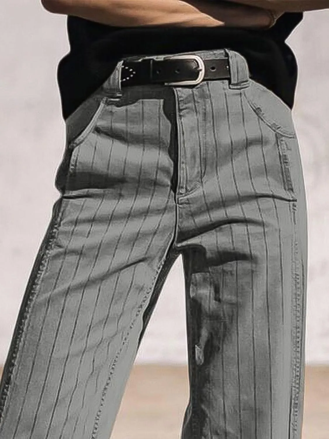 Flamingals Straight Leg Mid Waist Vintage Cropped Stripe Barrel Stretchy Jeans Without Belt