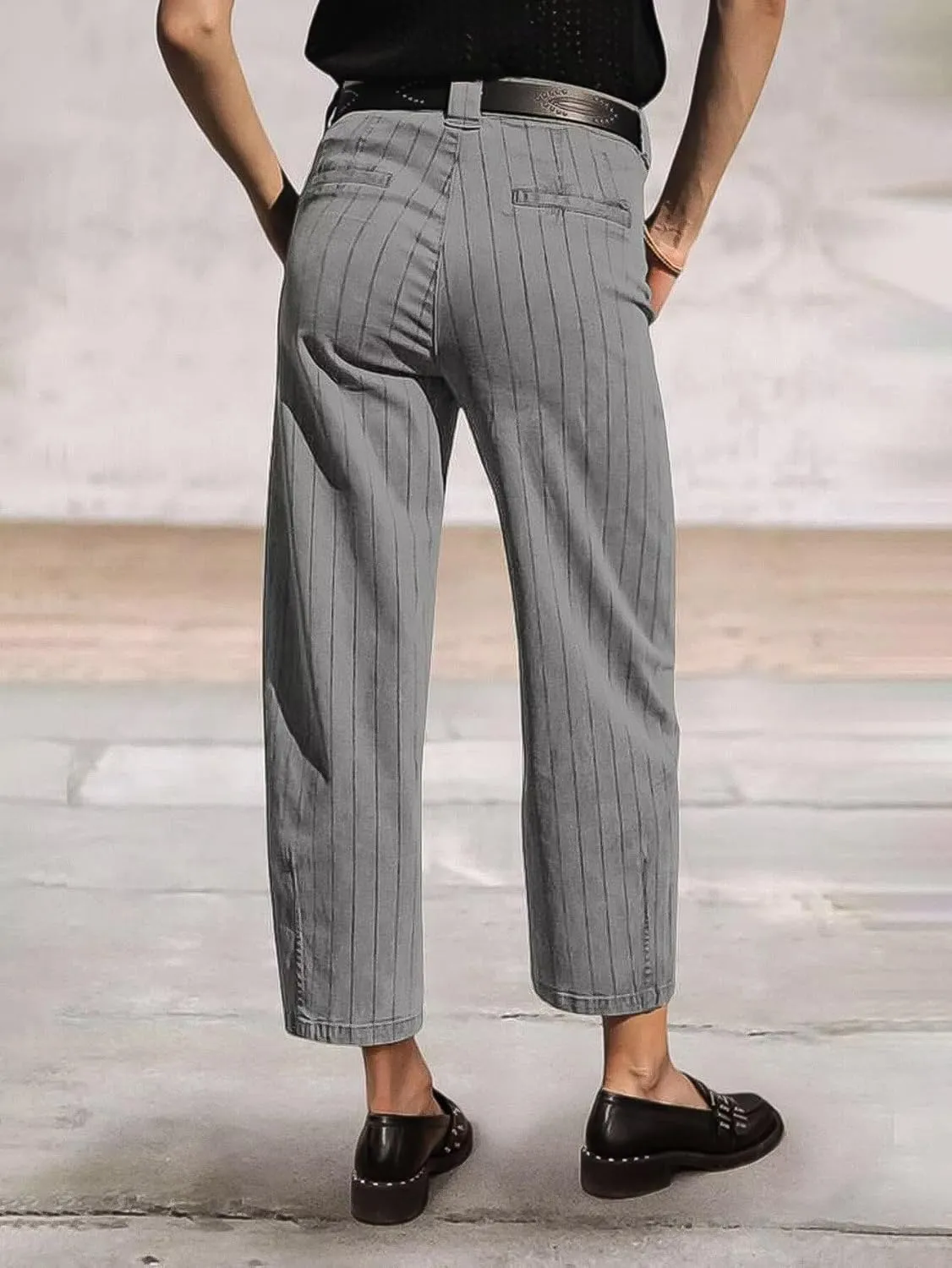 Flamingals Straight Leg Mid Waist Vintage Cropped Stripe Barrel Stretchy Jeans Without Belt