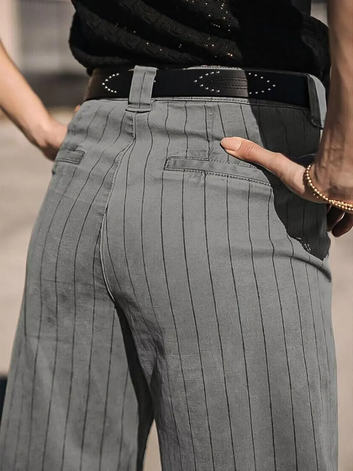 Flamingals Straight Leg Mid Waist Vintage Cropped Stripe Barrel Stretchy Jeans Without Belt