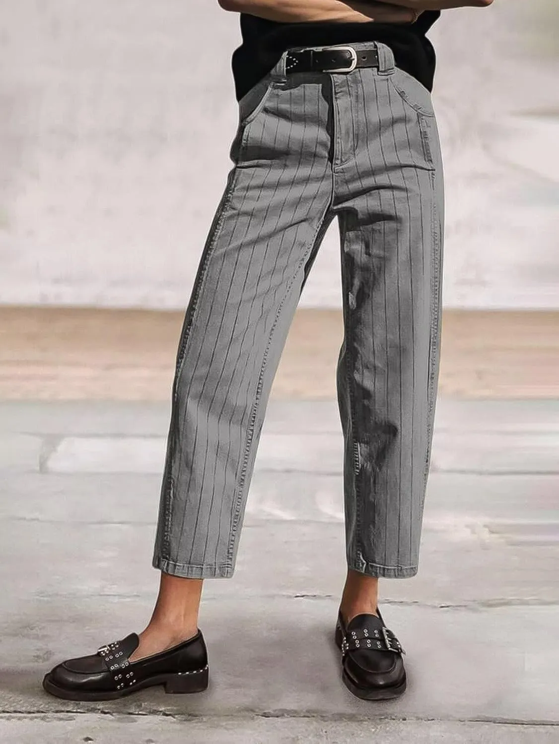 Flamingals Straight Leg Mid Waist Vintage Cropped Stripe Barrel Stretchy Jeans Without Belt