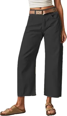 Flamingals Women??s Mid Waist Crop Straight Leg Jeans with Solid Stitch Detail Casual Fashion Trendy Denim Pants
