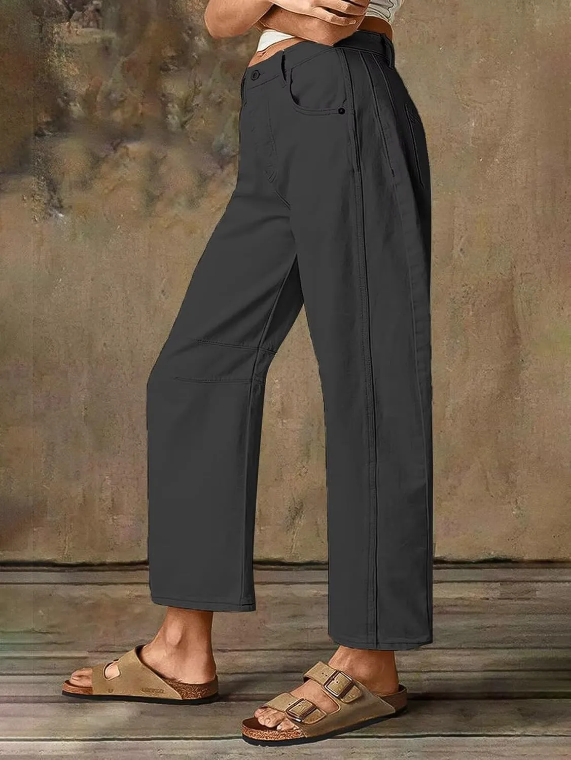 Flamingals Women??s Mid Waist Crop Straight Leg Jeans with Solid Stitch Detail Casual Fashion Trendy Denim Pants