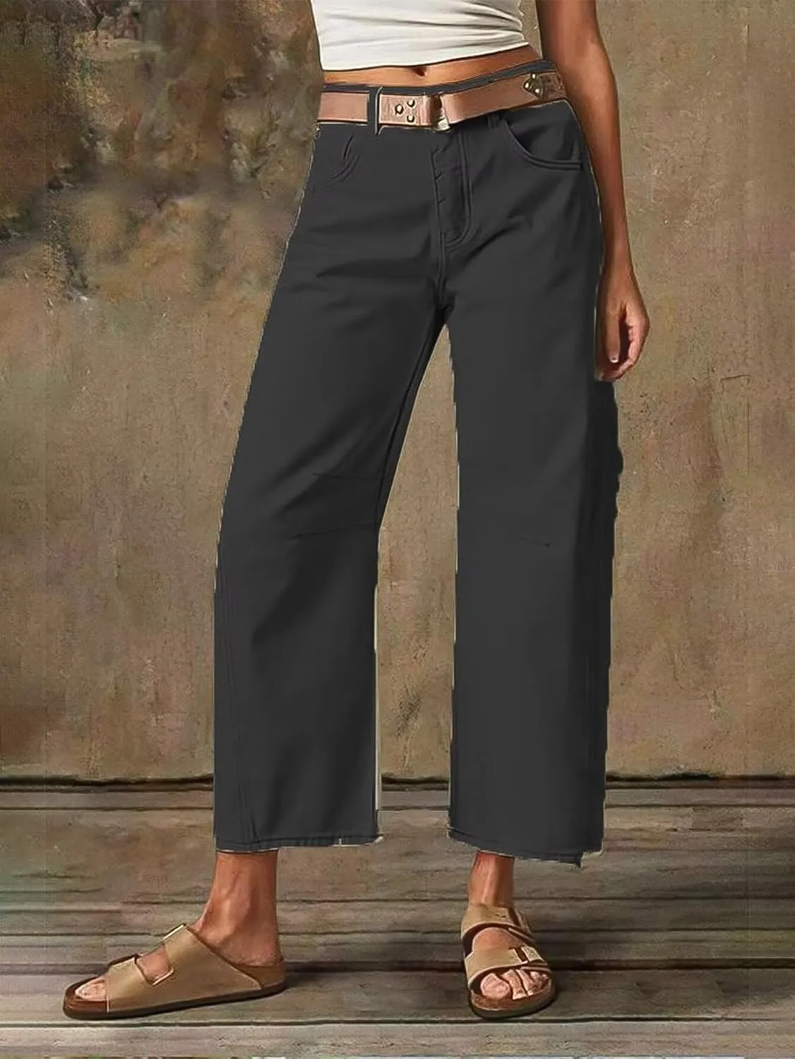 Flamingals Women??s Mid Waist Crop Straight Leg Jeans with Solid Stitch Detail Casual Fashion Trendy Denim Pants