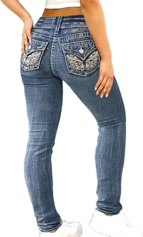 Flamingals Women's Mid Waisted Boot Cut Jeans Straight Leg Butt Lifting Stretch Embroidered Double Button Jeans